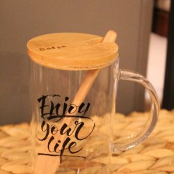 Balsa Bambu Kapaklı Kaşıklı Cam Kupa