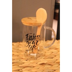 Balsa Bambu Kapaklı Kaşıklı Cam Kupa