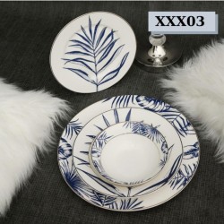 24 Parça Mavi Yaprak Model Porselen Yemek Takımı Bone China Ih0010